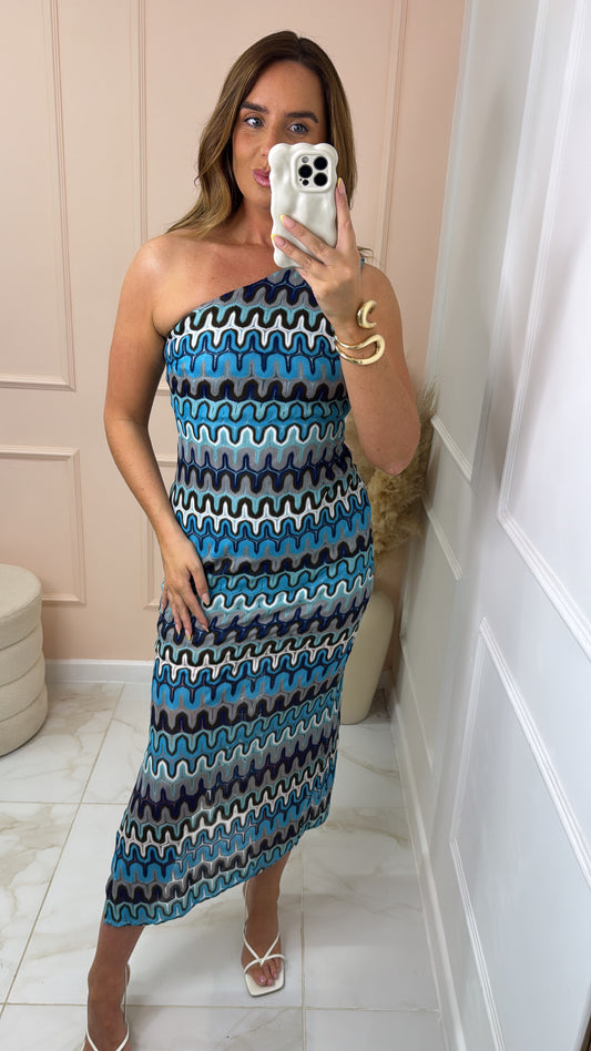 UNA blue knit one shoulder dress