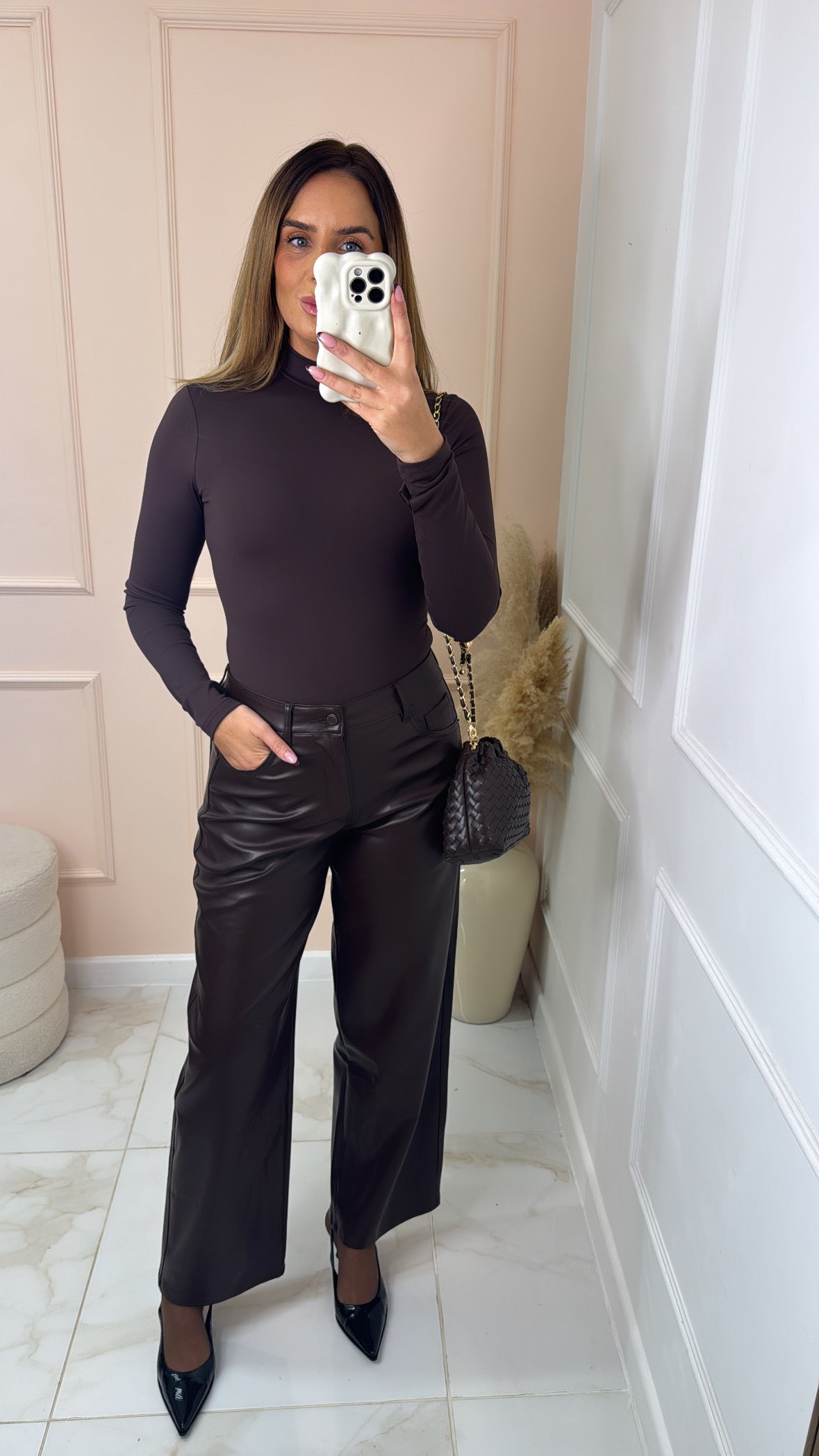 LOTTIE chocolate brown PU straight leg trousers
