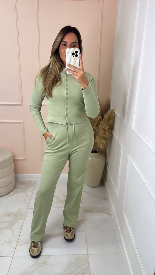SHARNA sage ribbed button lounge set