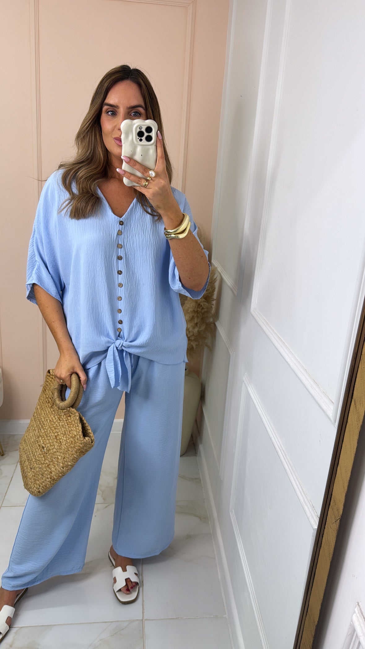 LUNA blue button tie front trouser set