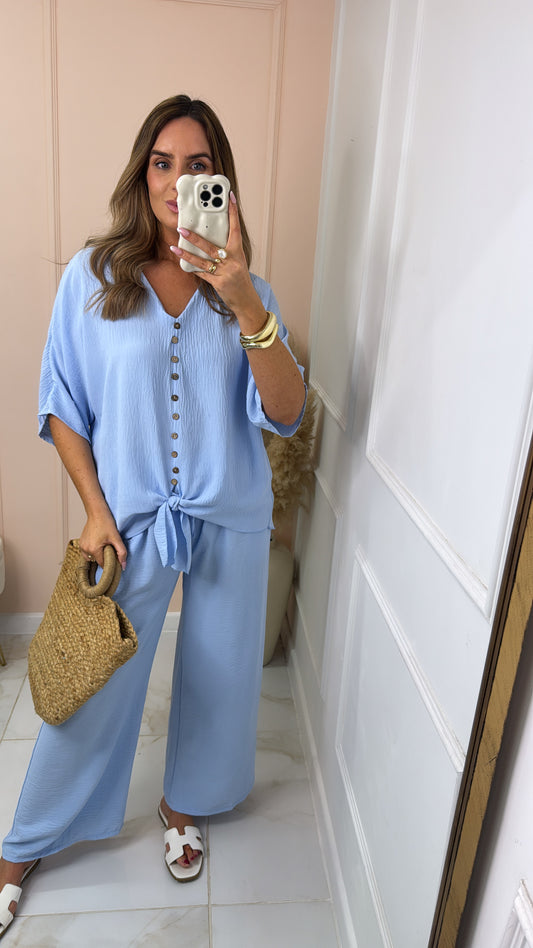 LUNA blue button tie front trouser set