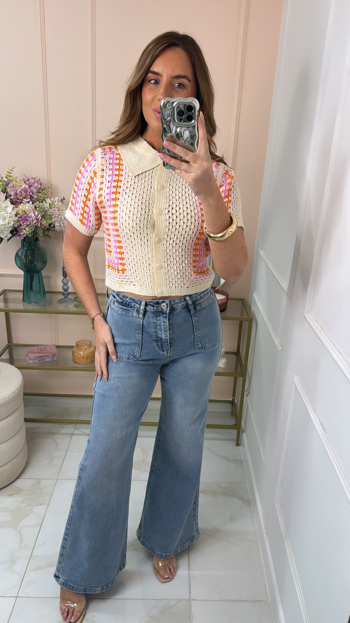 BREA cream & pink crochet cardigan