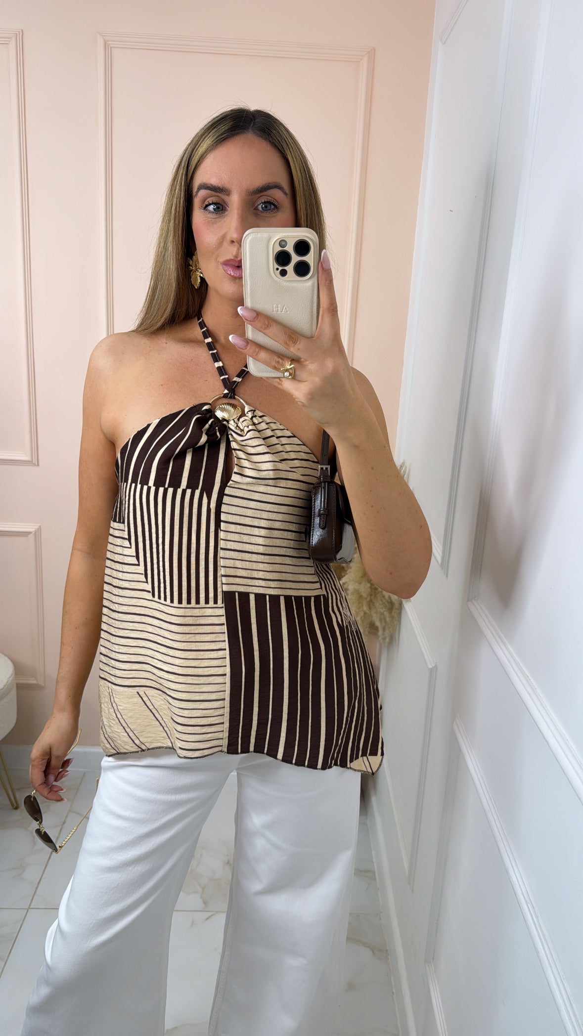 LIBBY brown stripe shell halter neck top