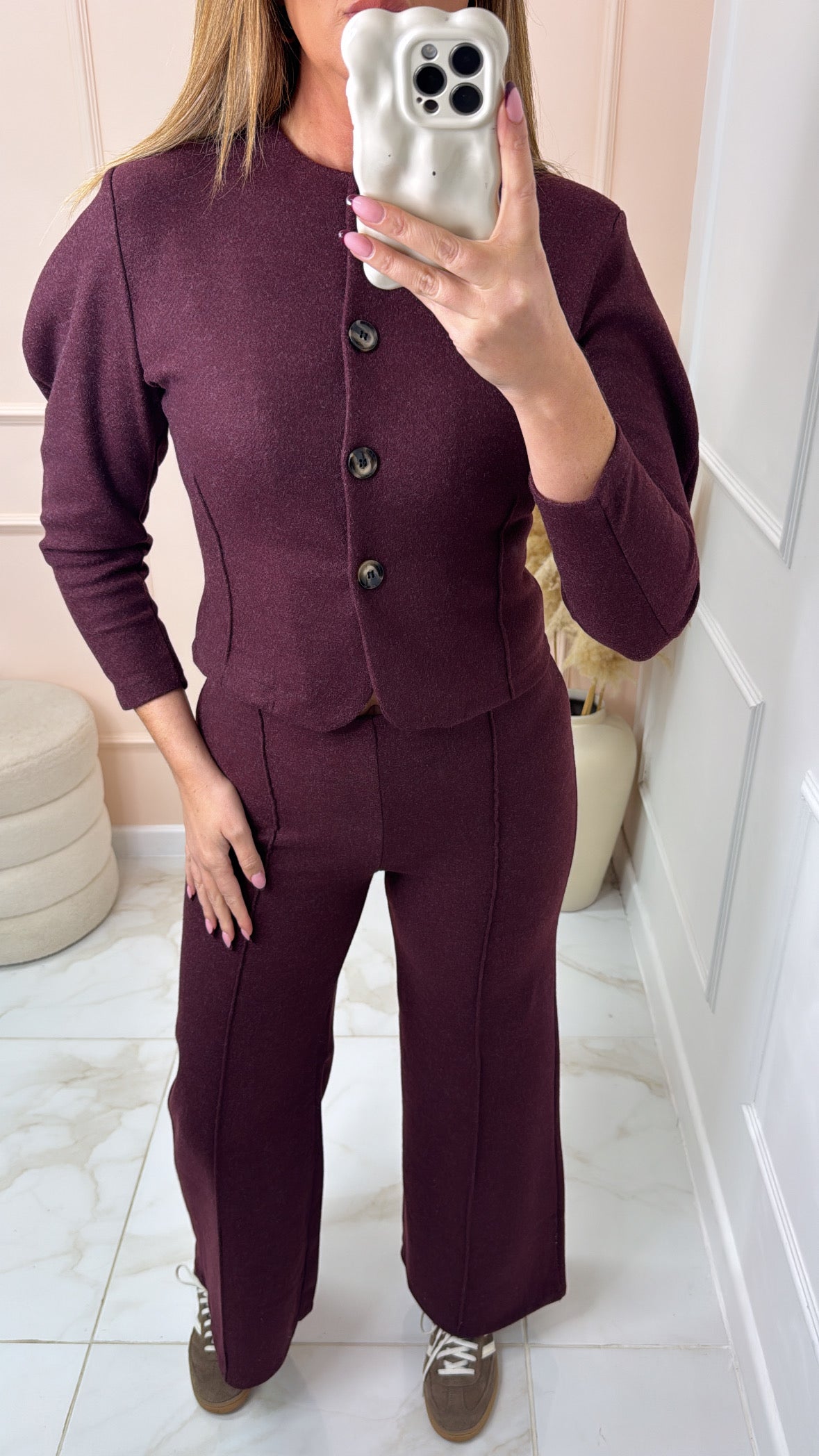 SHARNA petite burgundy button puff sleeve lounge set