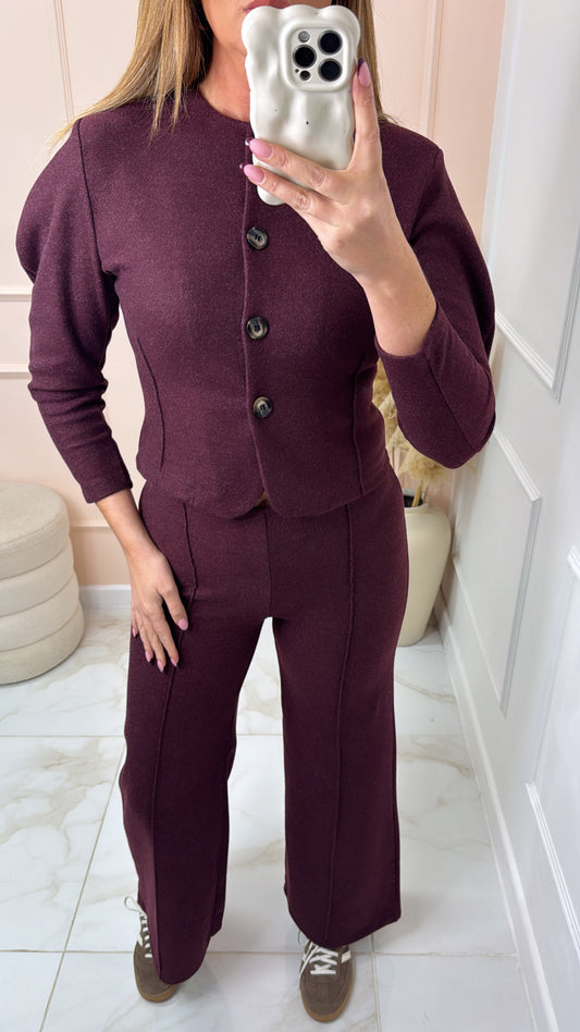 SHARNA petite burgundy button puff sleeve lounge set