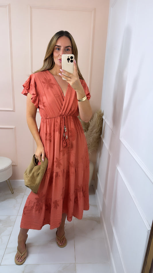 AALIYAH coral embroidered floral maxi dress