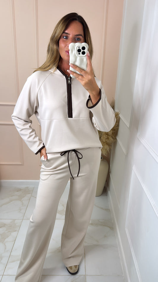 HOLLIE beige hooded half zip contrast lounge set
