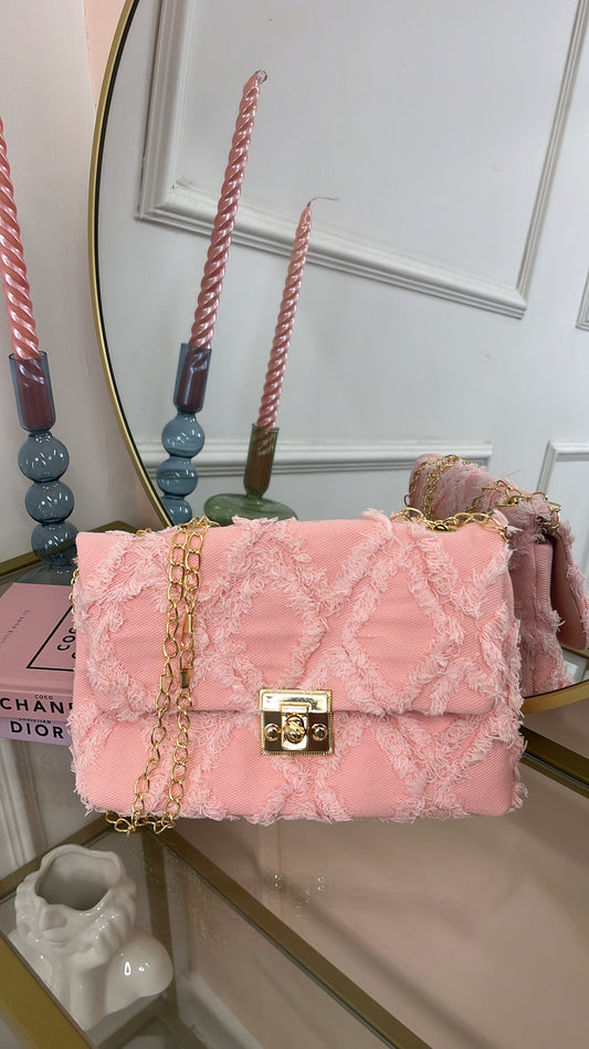 MILLIE pink distressed denim crossbody bag