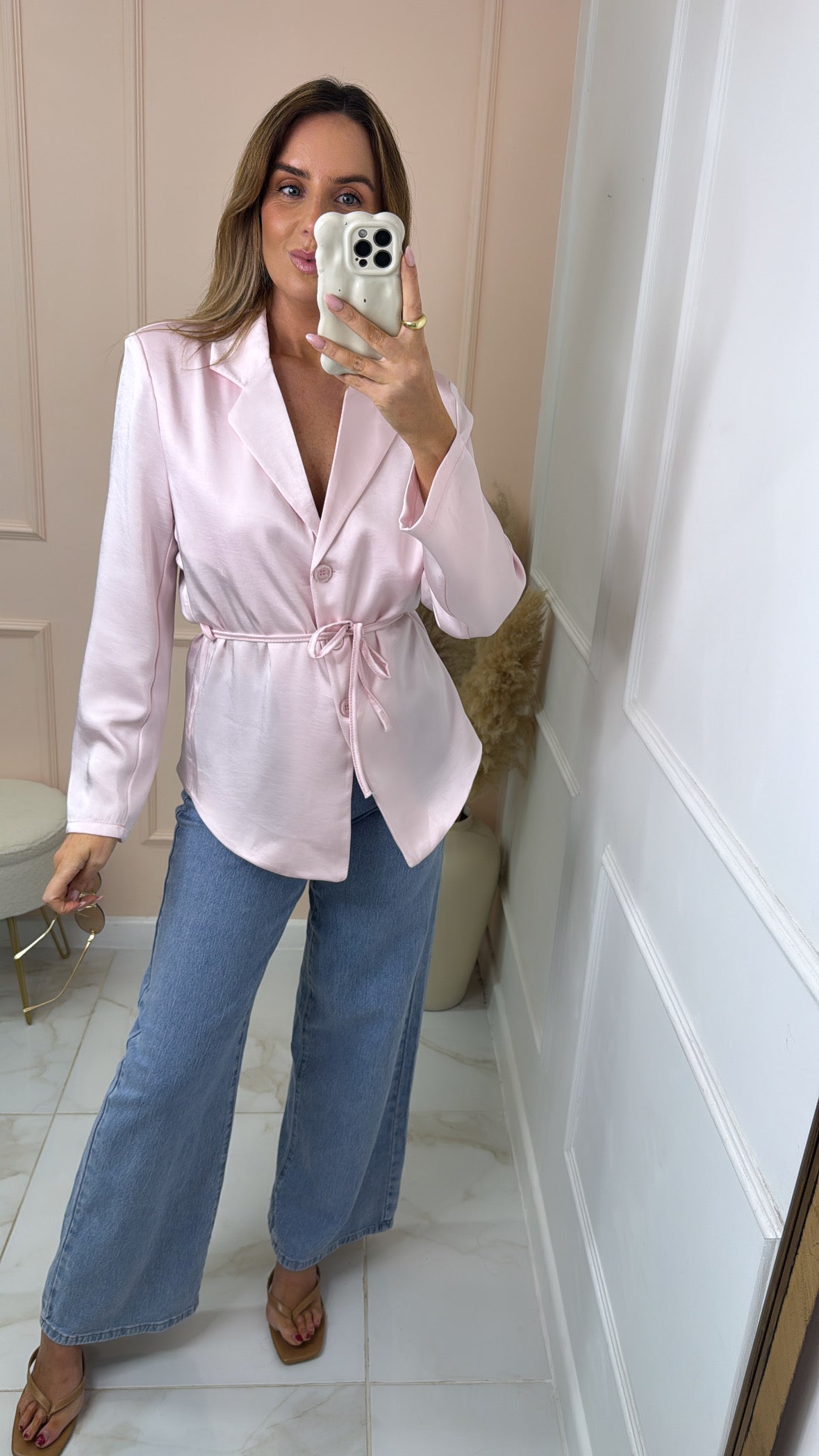 BELLE pink tie waist silky blazer