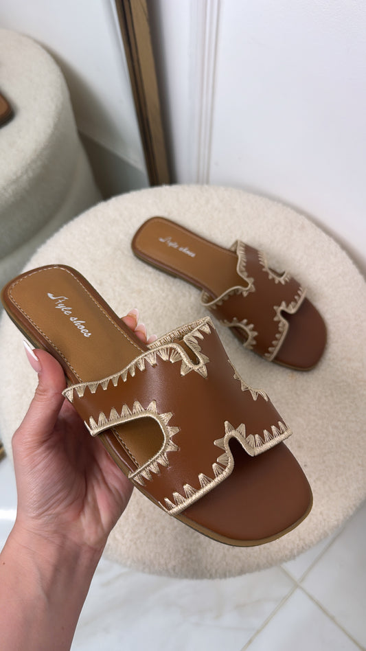 BEAU tan faux leather stitch sandals
