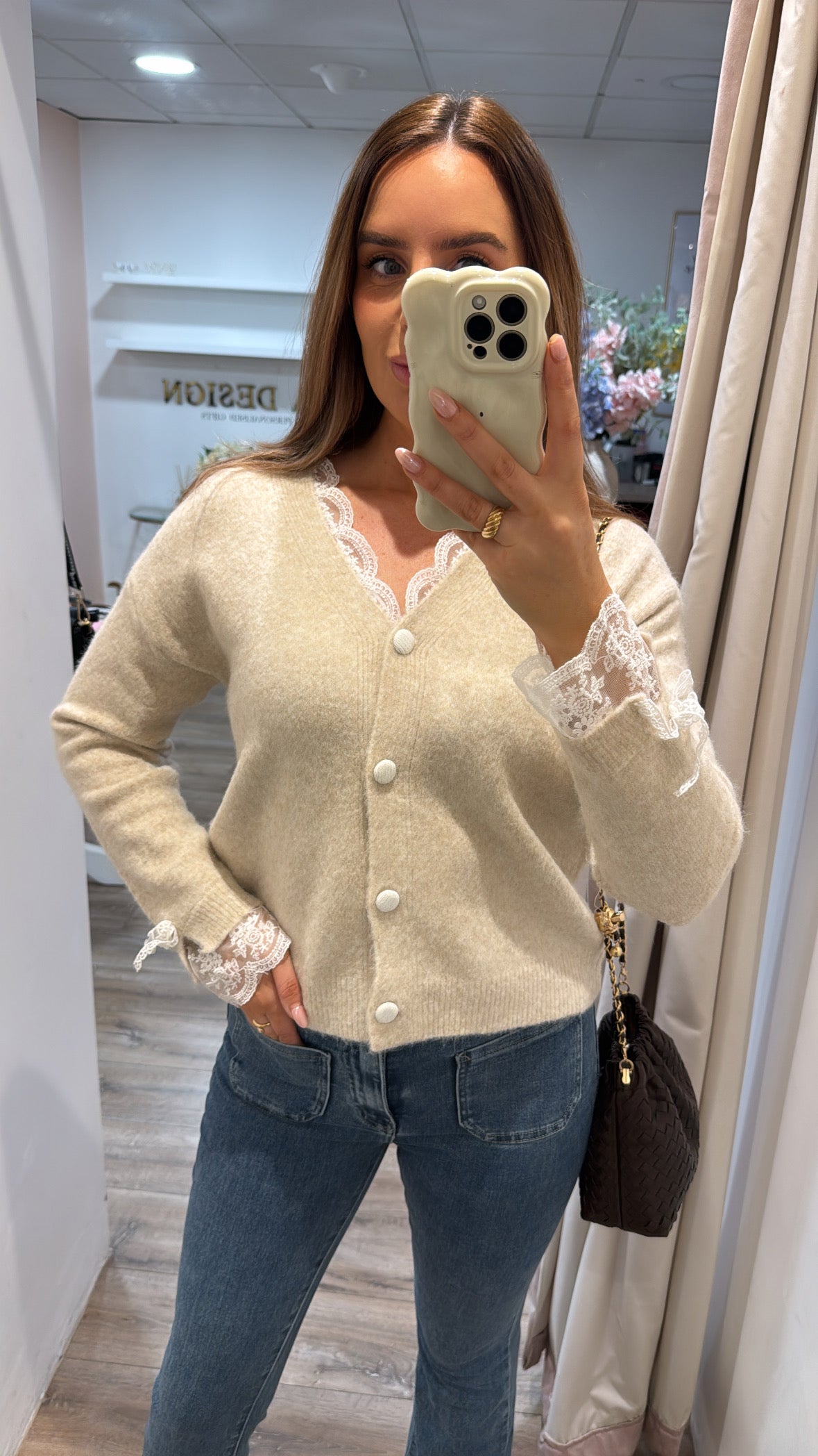 PENELOPE beige lace trim fluffy cardigan