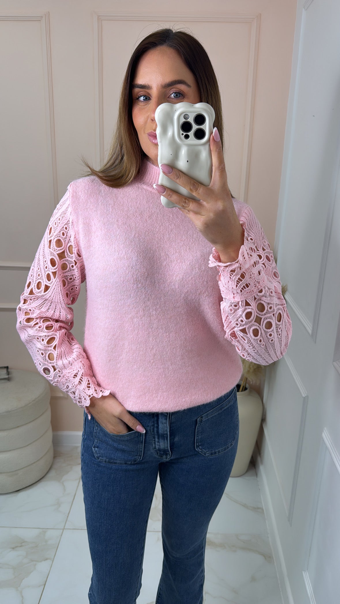 ROBERTA pink crochet sleeve jumper