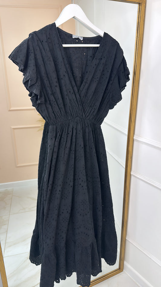 KATY black frill broderie anglaise summer dress