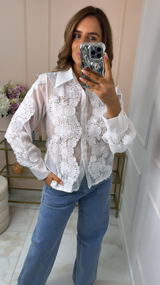 CORRIE white floral embroidered sheer blouse