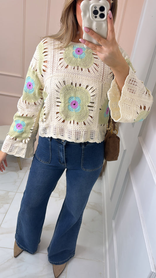 ABI beige and mint crochet top