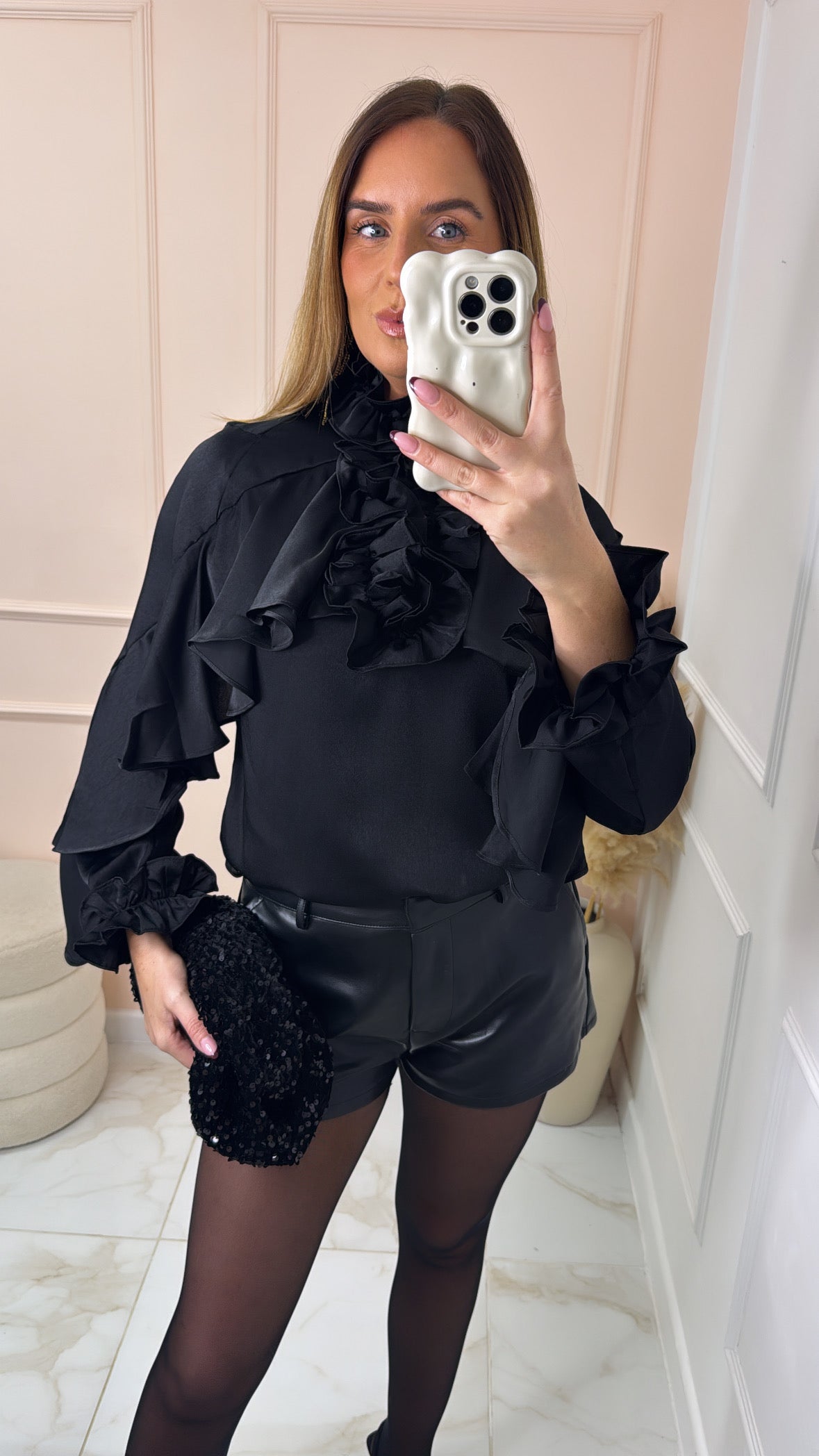 ARABELLA black satin frill blouse