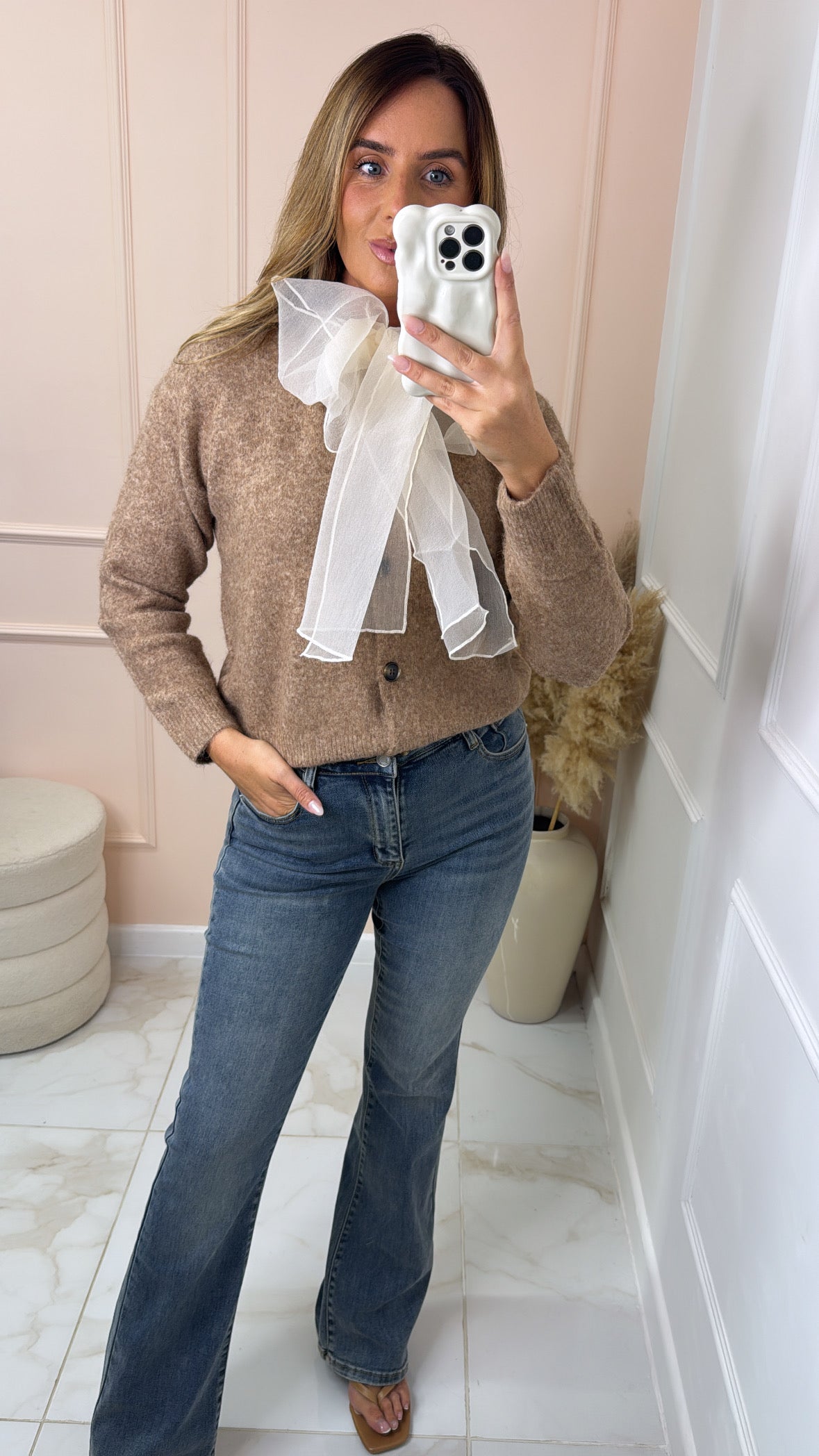 DIXIE camel organza bow knit cardigan