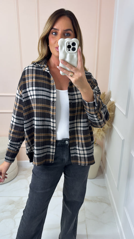 HAZEL camel check print embellished collar shirt