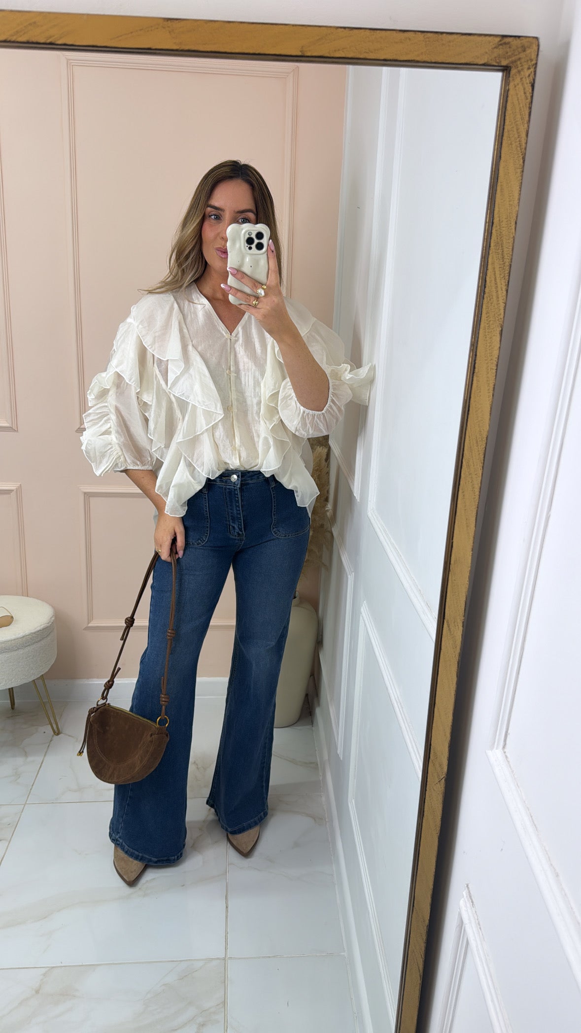 LOLA cream ruffle detail blouse