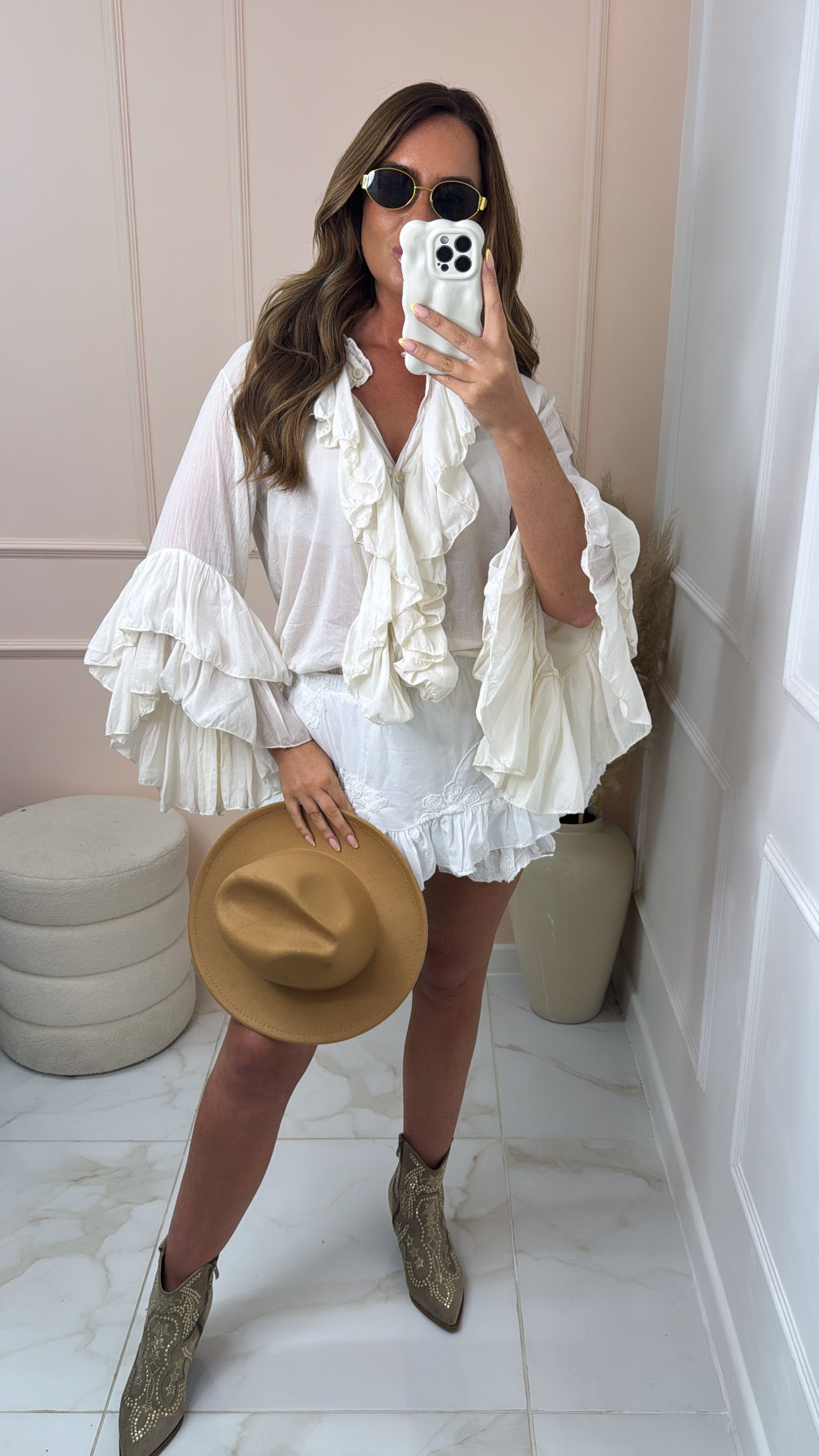 AALIYAH beige ruffle trim button up blouse