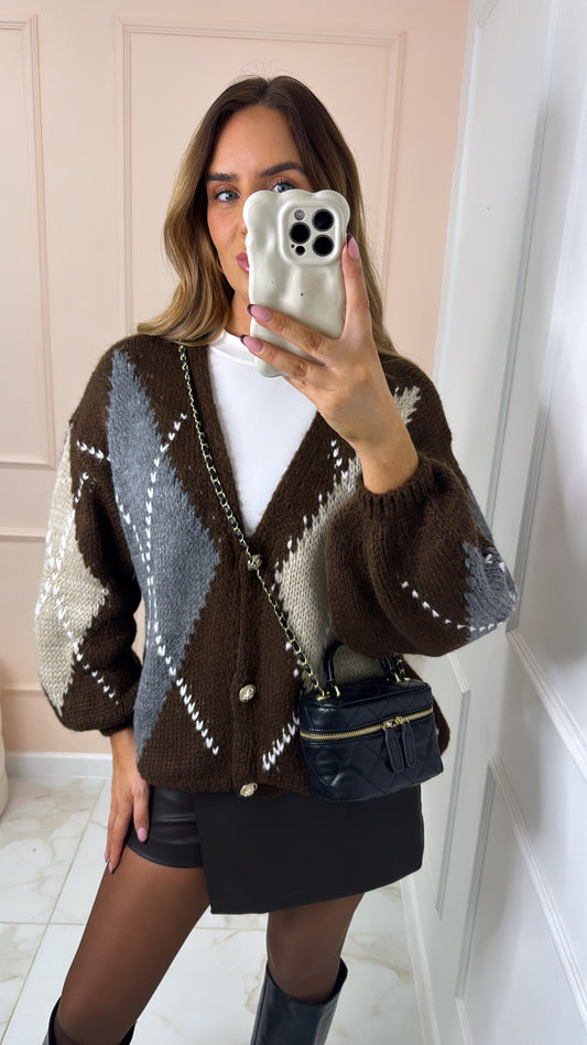 DARCIE brown argyle button front cardigan