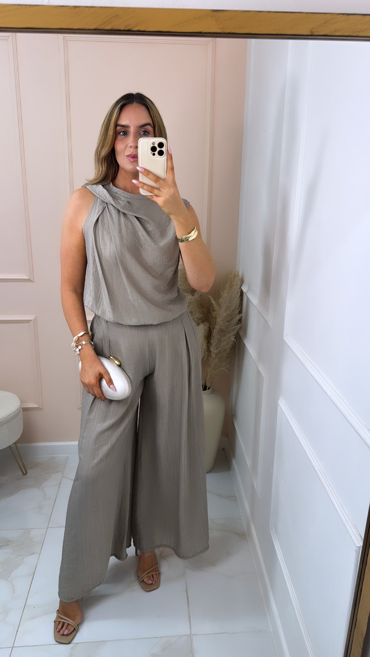 MAEVE taupe gathered detail trouser set