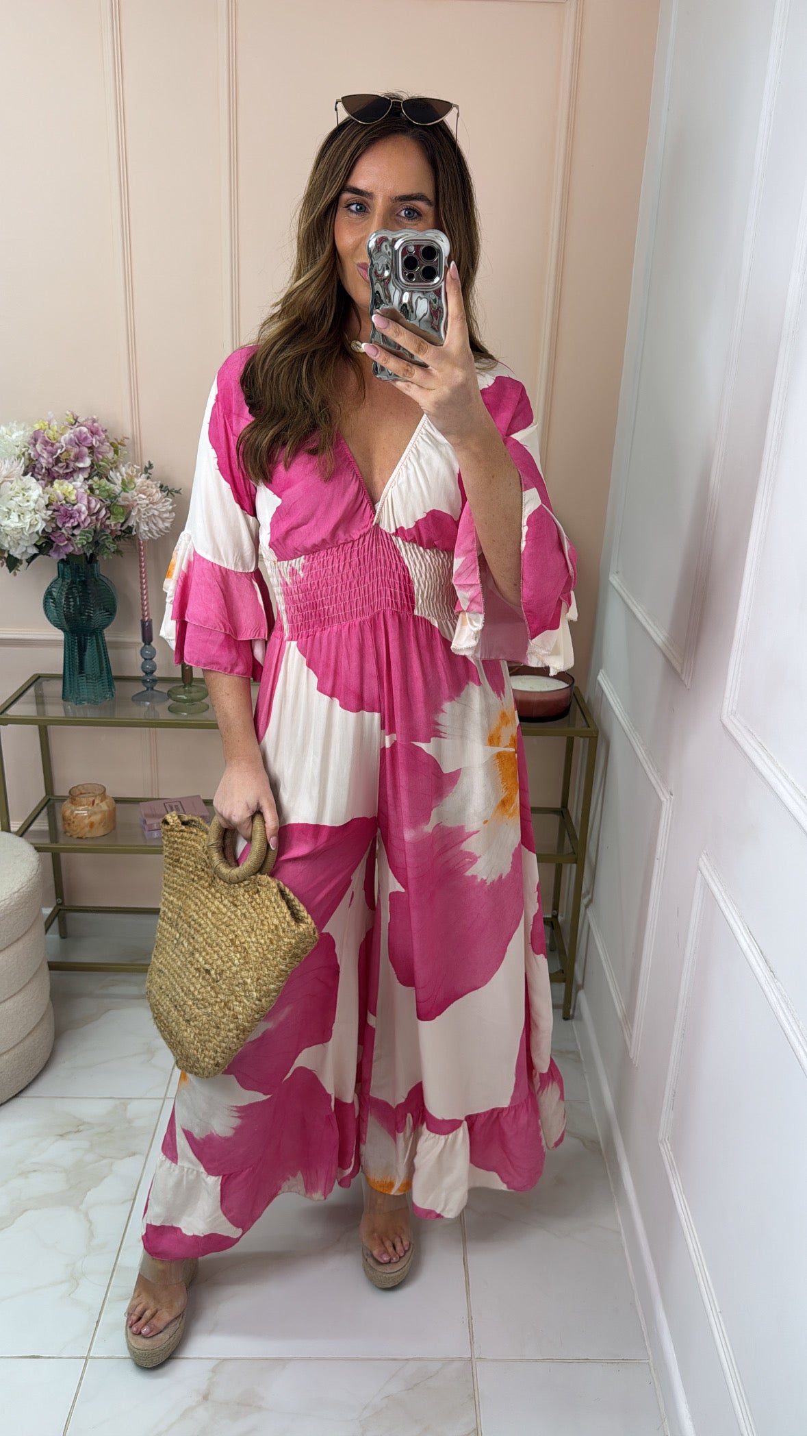 LACEY fuchsia floral frill sleeve jumpsuit