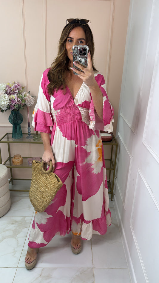 LACEY fuchsia floral frill sleeve jumpsuit