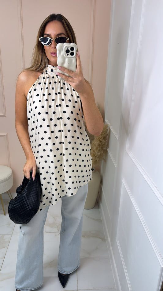 JESSIE beige polka dot halter asymmetric top