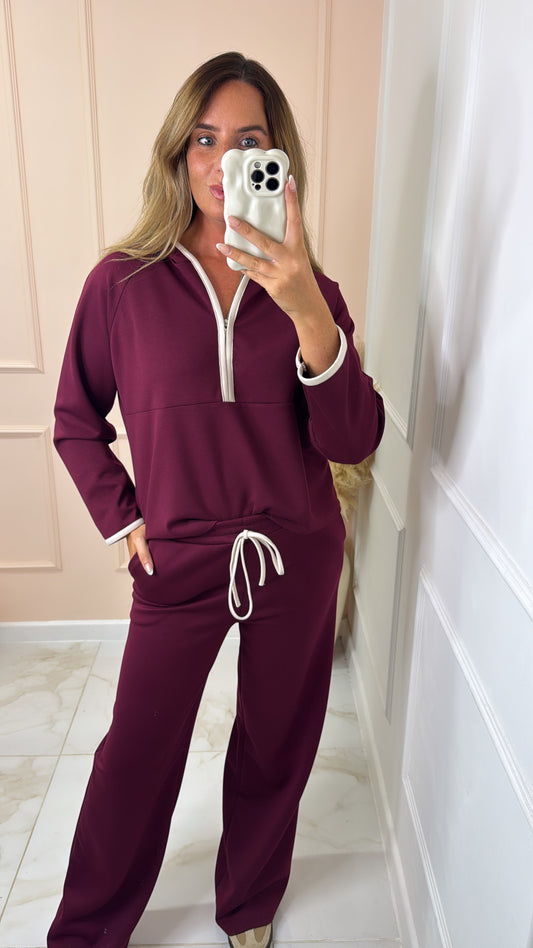 HOLLIE burgundy hooded half zip contrast lounge set