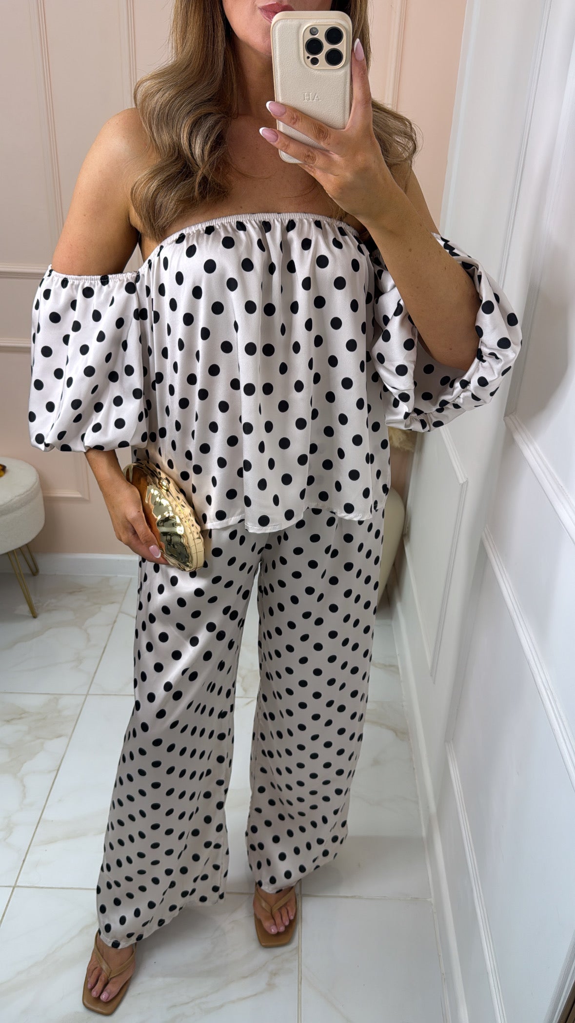 ANNIE beige polka dot silky trouser set