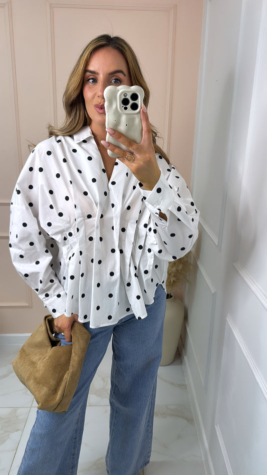 MERCY white polka dot gathered pleat blouse