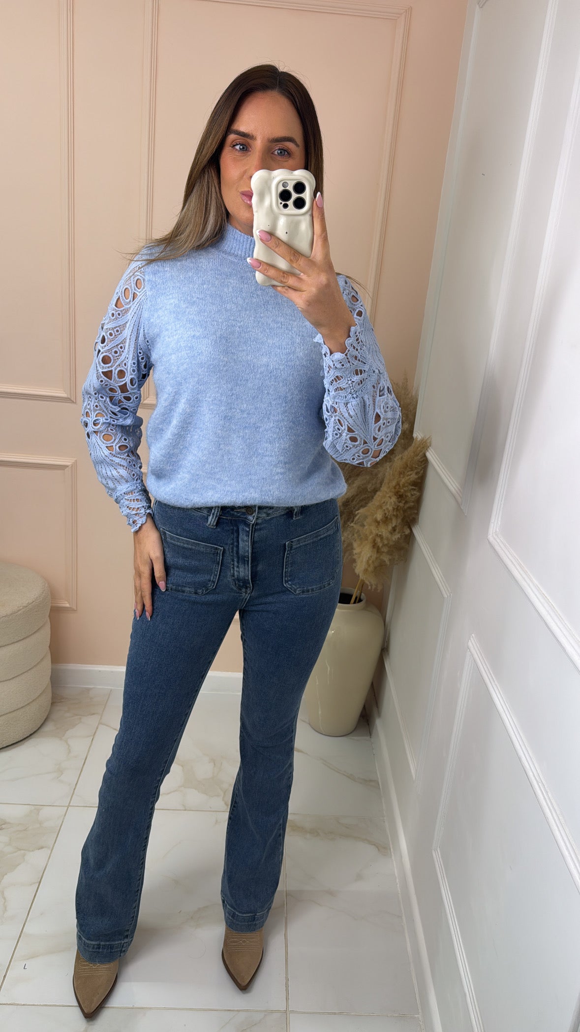 ROBERTA blue crochet sleeve jumper