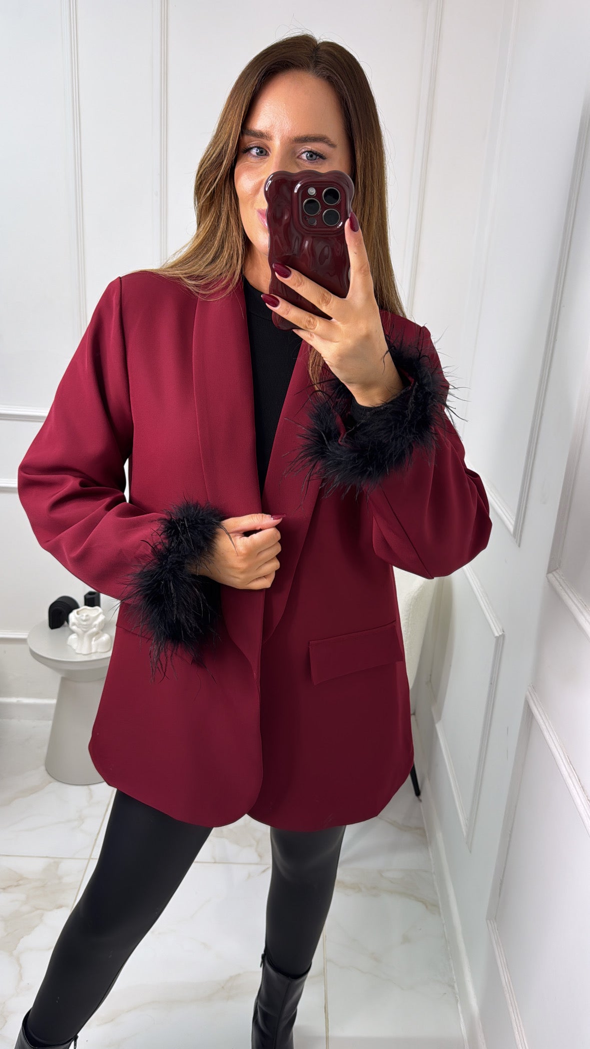 EMILY burgundy feather cuff longline blazer