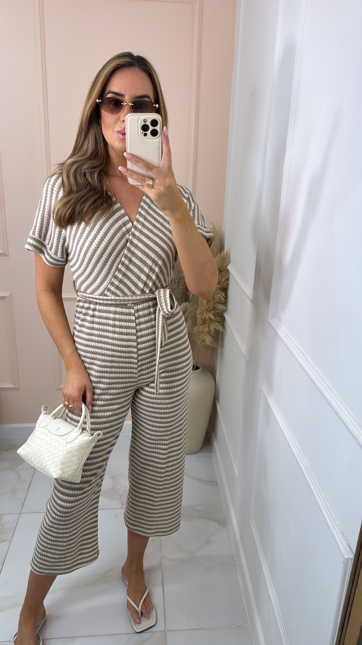 LAURA beige striped wrap belted jumpsuit
