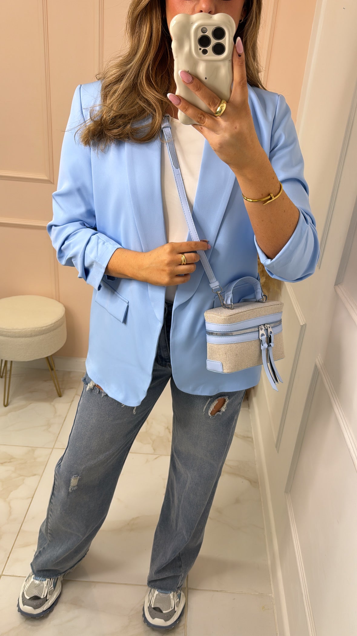 CAMILLA powder blue ruched sleeve blazer