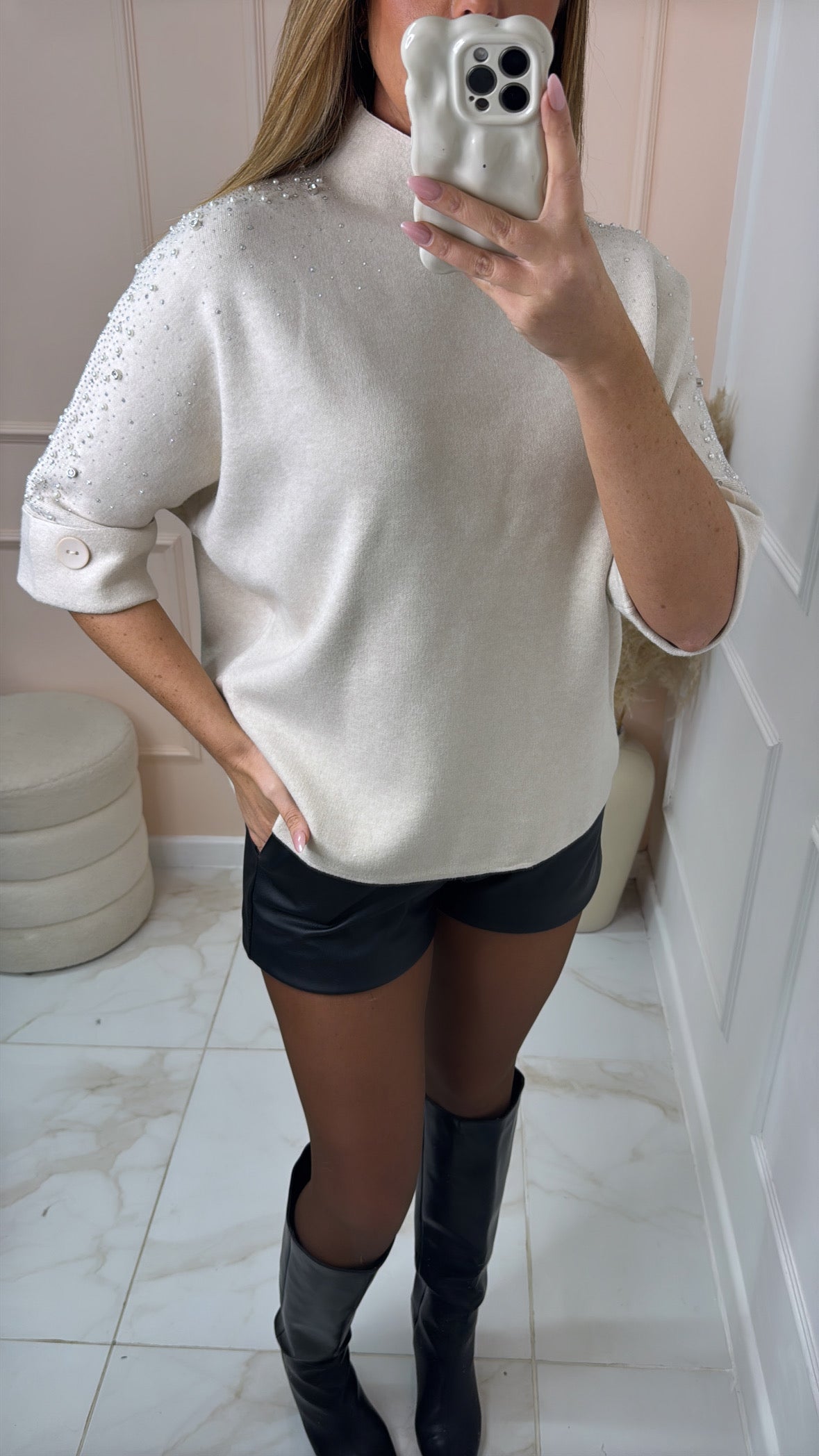 ALICE cream embellished knit top