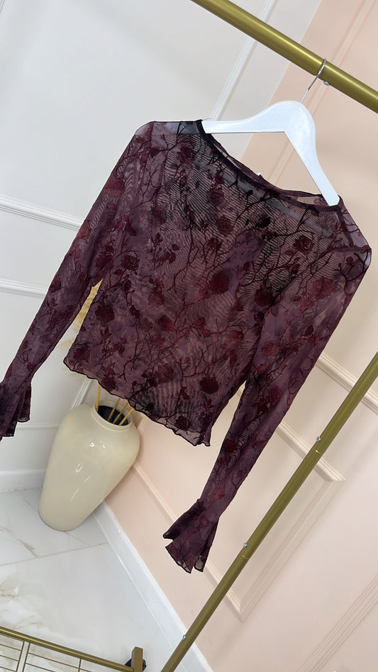 MADELYN burgundy floral embroidered sheer top