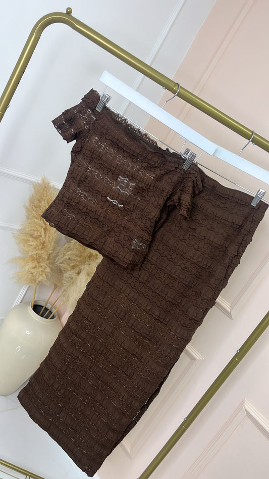 DAPHNE brown lace bardot maxi skirt co ord