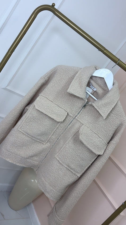 ESTHER beige teddy front pocket shacket