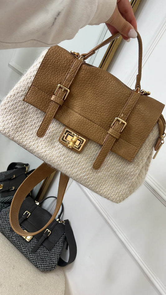 BELLA tan faux leather two tone crossbody bag