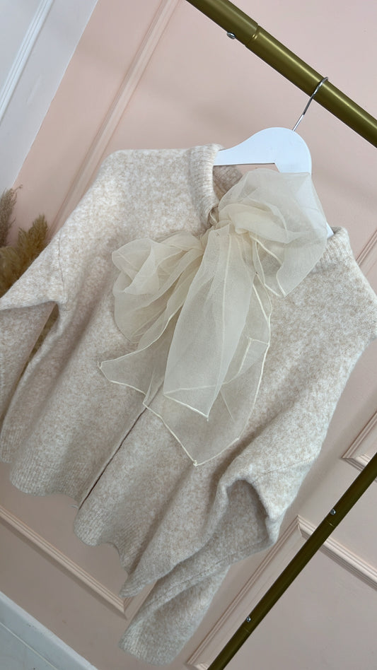 DIXIE beige organza bow knit cardigan