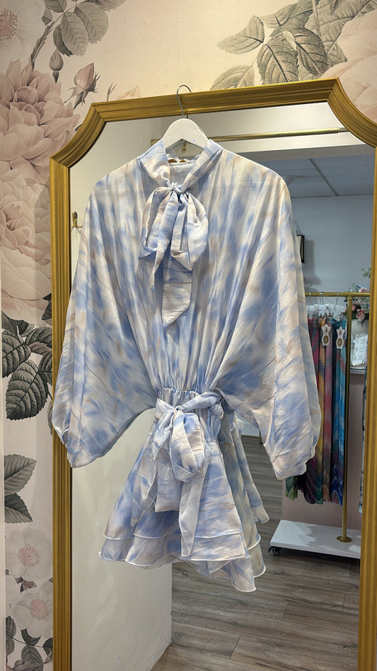 LEAH blue printed tie waist dress