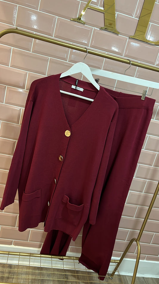 COCO burgundy fine knit button detail lounge set