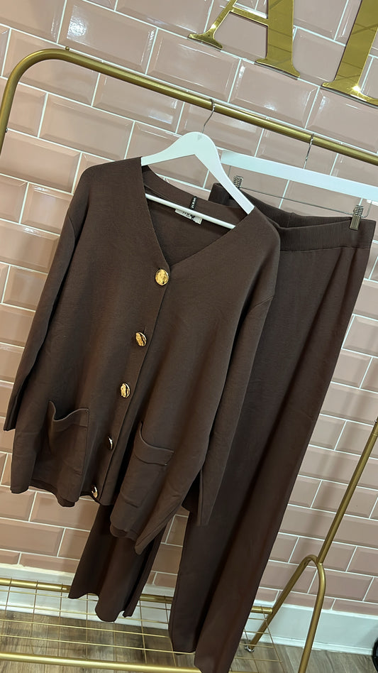 COCO brown fine knit button detail lounge set