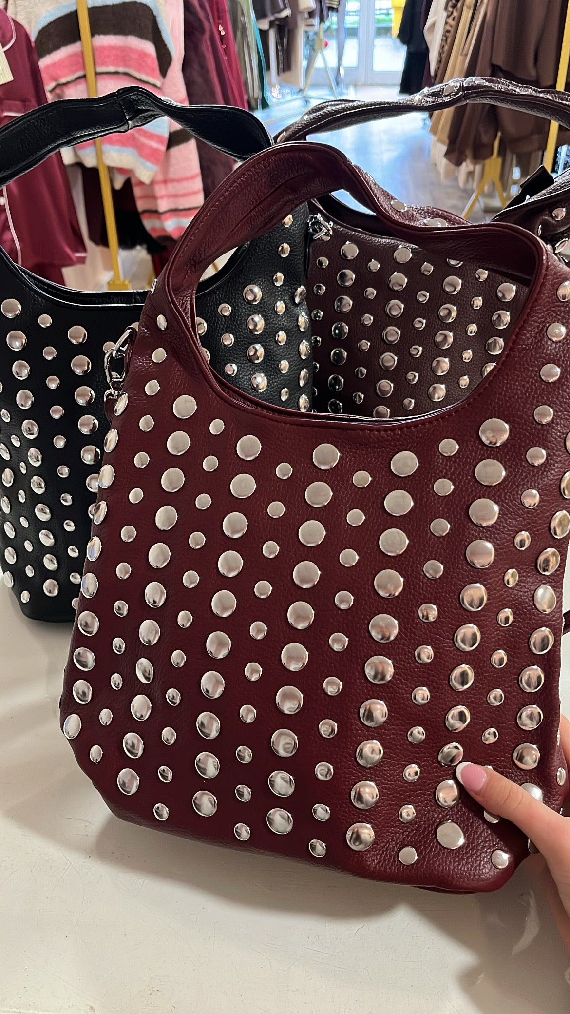 MOLLIE wine studded bucket bag