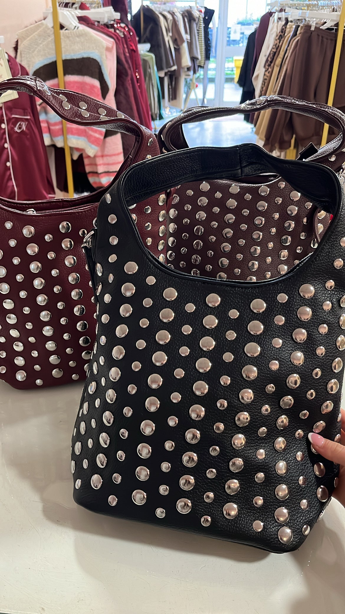 MOLLIE black studded bucket bag