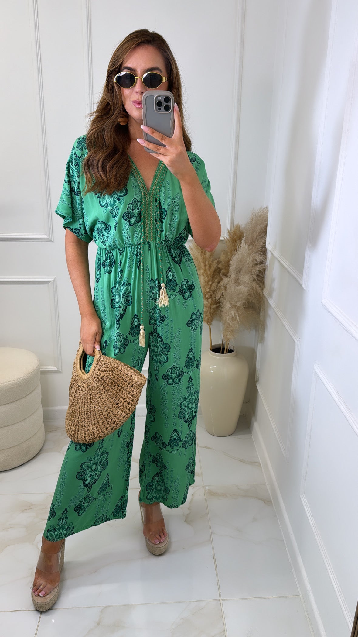 BONNIE green printed tassel jumpsuit