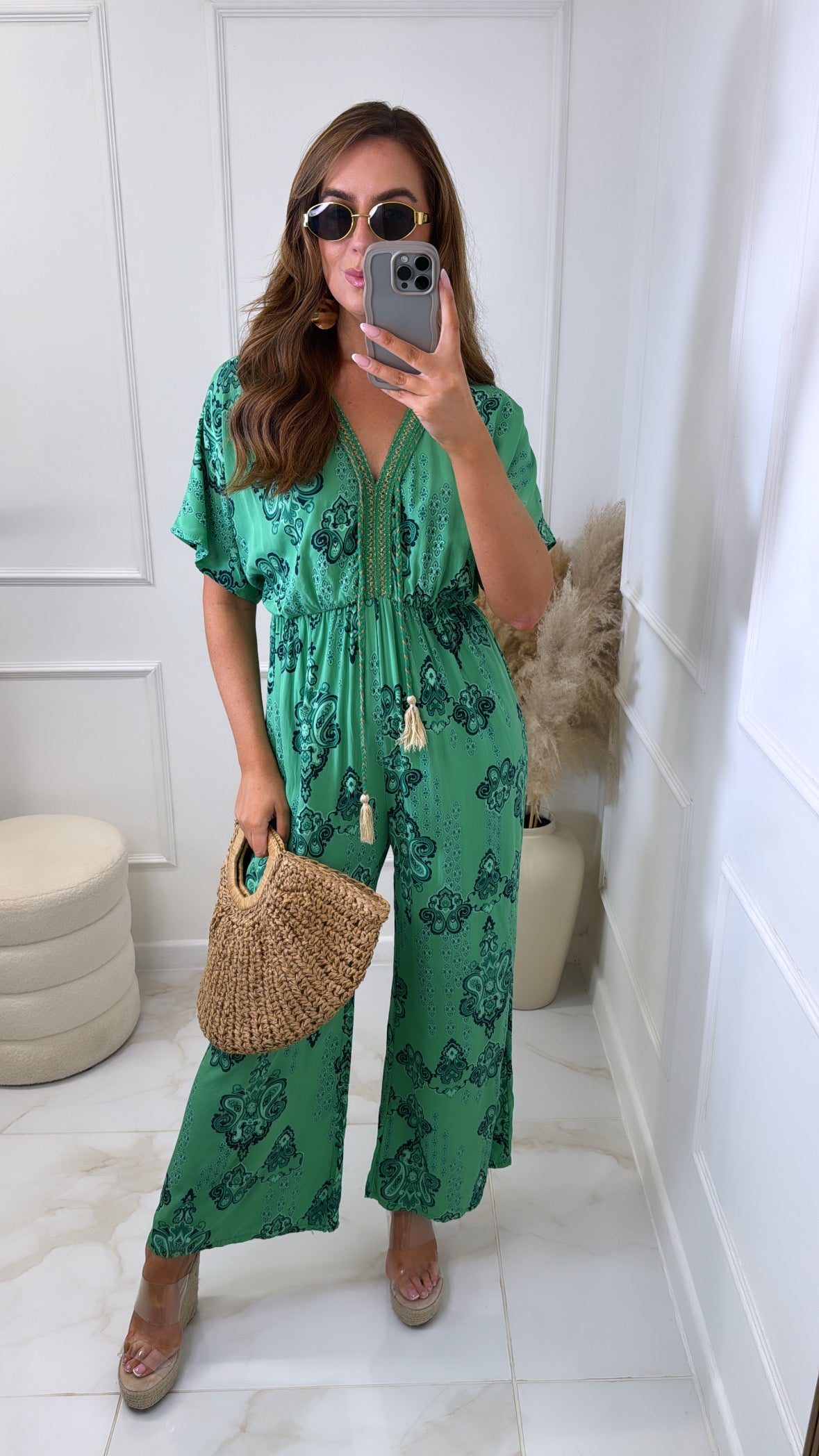 BONNIE green printed tassel jumpsuit