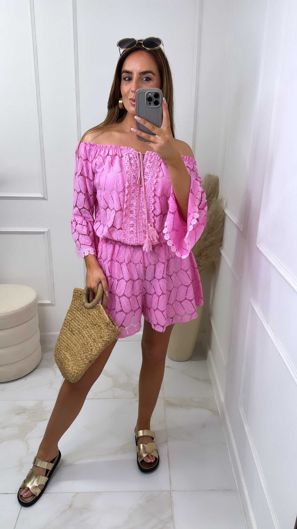 NANCY pink crochet bardot flared playsuit